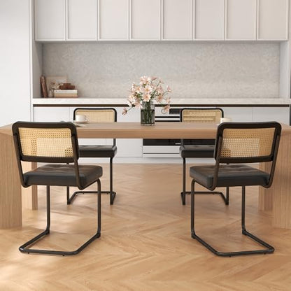 KCC Modern Dining Chairs Set of 2, Faux Leather Rattan Chair,Black | Mid Century Kitchen Side Chairs with Metal Legs and Upholstered Seat for Dining Room,Living Room,Bedroom - color: Black, size: Set of 2