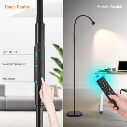 Powfloven LED Reading Floor Lamp, Adjustable Beam Task Floor Lamp with Remote & Touch Control, 2700K–6000K Dimmable Floor Reading Light, Flexible Gooseneck Standing Lamp for Bedroom Living Room
