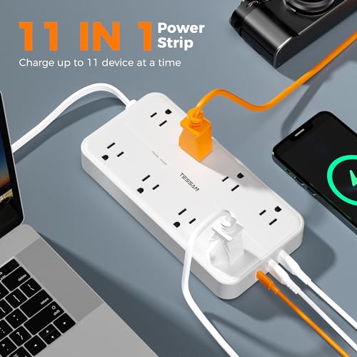 TESSAN Power Strip Surge Protector, 6FT Flat Plug Extension Cord | 8 Outlets 3 USB Charger(1 USB C), 1080 Joules Protection, Wall Mountable Charging Station for Home Office Dorm, White - color: White, size: 6FT-1080J surge protection