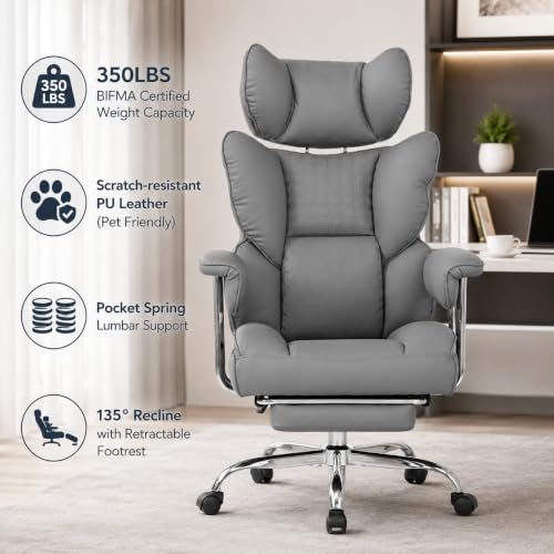 Big and Tall Office Chair, Ergonomic Executive Desk Chair with Footrest and Lumbar Support, Heavy Duty PU Leather Reclining Computer Chair with Extra Wide Seat for Home Office, Grey - color: Grey