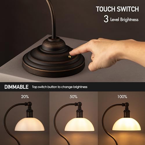 O'Bright Bankers - Cordless LED Table Lamp, Battery-Operated, Rechargeable, 3-Level Dimming, Universal USB-C Charging, 180° Swivel Head, White Jade Glass Shade, Oil Rubbed Bronze - color: Oil Rubbed Bronze-White Glass
