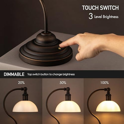 O'Bright Bankers - Cordless LED Table Lamp, Battery-Operated, Rechargeable, 3-Level Dimming, Universal USB-C Charging, 180° Swivel Head, White Jade Glass Shade, Oil Rubbed Bronze - color: Oil Rubbed Bronze-White Glass