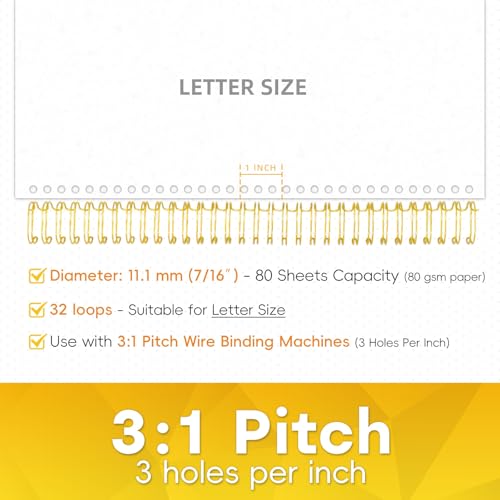 Rayson Wire Binding Spines, 7/16" 3:1 Pitch, 32-Loop Gold, 100 Pack | Binds up to 80 sheets; double-loop design helps pages turn smoothly in reports, manuals and project files.