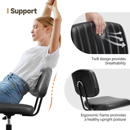 Armless Office Chair, Swivel Rolling PU Leather Vanity Chair with Back Lumbar Support Height Adjustable Computer Chair, Small Desk Chair for Home Office (Black) - color: Black