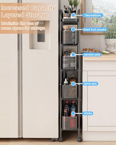 UMDONX 5-Tier Narrow Mobile Storage Cart with Pull-Out Baskets - color: Black, size: 5 Tier