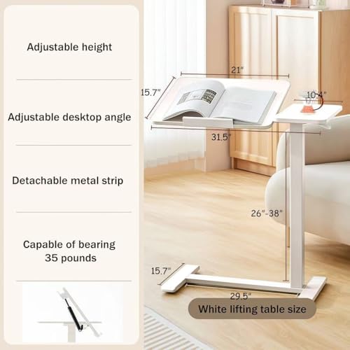 Overbed Table with Wheels, Adjustable Height Rolling Bedside Desk, Mobile Laptop Stand and Tilting Tray Table for Bed Sofa and Hospital Use (White+26-38''h) - color: White+26-38''h
