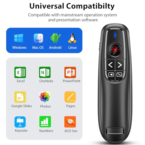 Presentation Clicker for Powerpoint Presenter Remote with Laser Pointer | Wireless Slide Advancer for Computer/Mac/Laptop/PPT, Red Pointer, RF 2.4GHz USB A and Type C Receiver, Plug and Play, Black