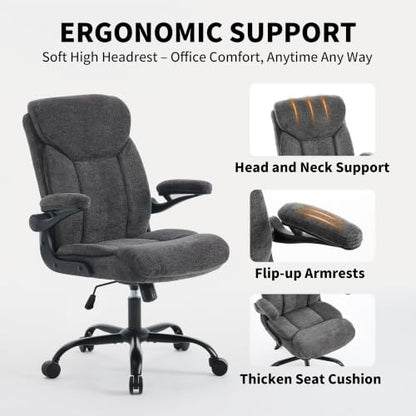 Ergonomic Home Office Chair Fabric Comfy Computer Chair, Grey | Flip-up Armrest, Height Adjustable, Lumbar Support, 360° Swivel Wheels Managerial Executive Chairs for Work Gaming Home Use - color: Grey