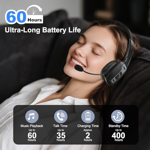 Bluetooth Headset for Truck Drivers, Single Ear Wireless Headphones with Mic Noise Cancelling, Mute Button, Hands-Free, 60H Playtime for Call Center, Office, Cell Phone