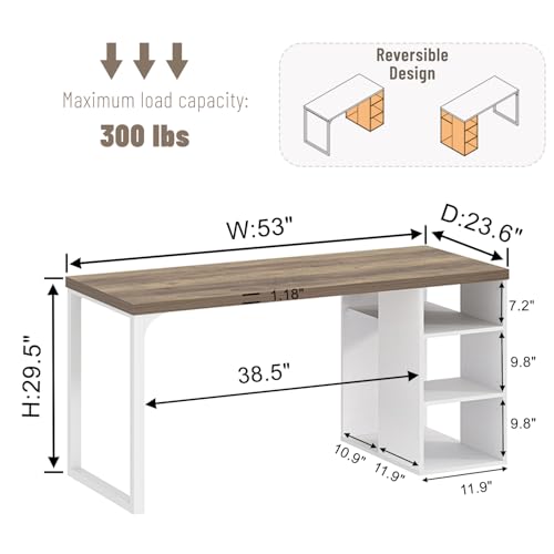 EXCEFUR Modern Computer Desk for Home Office, PC Gaming Desk with Reversible Storage Shelves, Study Writing Table Workstations for Living Room, 53 Inch, Rustic Oak and White - color: Oak+white