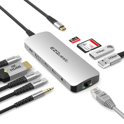 USB-C Hub Docking Station 10 in 1 with 4K HDMI 60Hz, 1 GBS Ethernet, 2 USB C Gen 2 10Gbs, 1 PD 3.0, 2 USB-A 3.0, Audio Ports, SD/Micro SD, Compatible with USB Type C/Thunderbolt Computers - style: 10 in 1 - Gen 2
