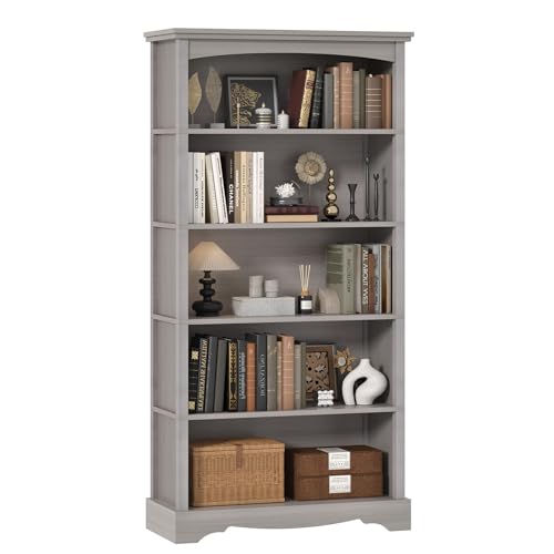 TVU 5-Tier Wooden Bookshelf, 65 Inch Tall Bookshelf with Storage, Floor Standing Modern Style Display Bookcase for Living Room, Office, Study Room, Entryway, Grey - color: Grey, size: 5 Tier