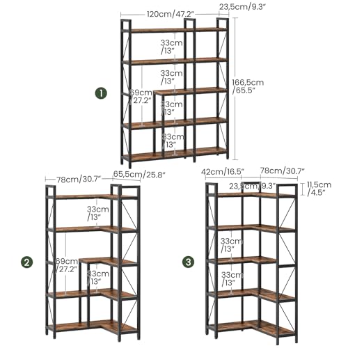 Corner Bookshelf, 5-Tier L-Shaped Bookcase, Corner Shelf with Metal Frame, Industrial Tall Display Shelf, for Living Room, Home Office, Bedroom, Rustic Brown TSJ12BF