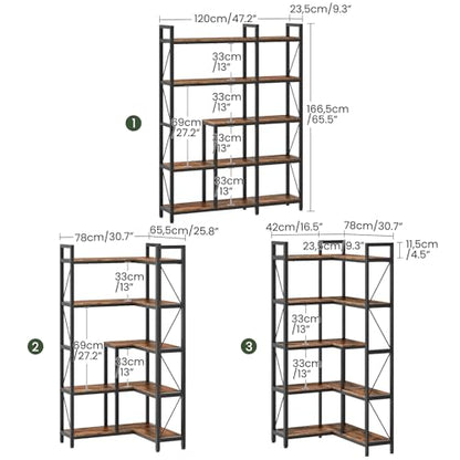 Corner Bookshelf, 5-Tier L-Shaped Bookcase, Corner Shelf with Metal Frame, Industrial Tall Display Shelf, for Living Room, Home Office, Bedroom, Rustic Brown TSJ12BF