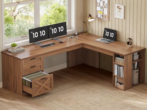 SEDETA 67" Farmhouse L Shaped Desk with 3 Drawers, Executive Home Office Desks with Storage Shelves, Corner Computer Desk with Power Outlets for Home Office, Brown | Executive Home Office Desks with Storage Shelves, Corner Computer Desk with Power Outlets