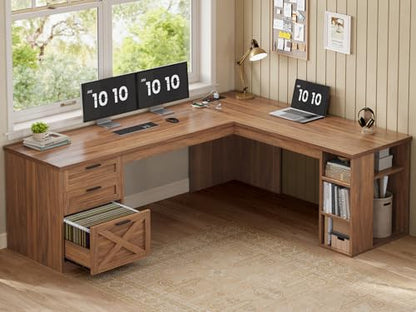 SEDETA 67" Farmhouse L Shaped Desk with 3 Drawers, Executive Home Office Desks with Storage Shelves, Corner Computer Desk with Power Outlets for Home Office, Brown | Executive Home Office Desks with Storage Shelves, Corner Computer Desk with Power Outlets