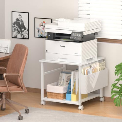 Lerliuo White Large Printer Stand with Storage | 23.6" W x 23.6" D x 22.8" H Printer Table for Home Office, Rolling Printer Cart Holder with Lockable Wheels & Side Pocket - color: White