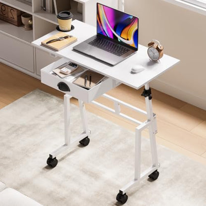 Honkazita Height Adjustable Standing Desk with Storage Drawer, White | Rolling Desk for Treadmill Walking Pad, Small Sit-Stand Desk with Lockable Wheels, Height Range 31.5"-43.3", Stable Design - color: White