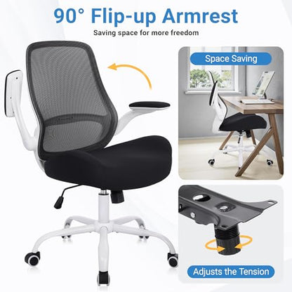 Office Chair Ergonomic Chair with Flip up Armrests, 5" Thickened Seat Computer Chair with Breathable Mesh Back Home Office Computer Chairs for Long Hours Mesh Office Chair(White Base&Black) - color: White&black