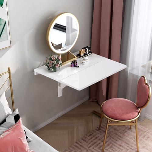 Wall Mounted Folding Table, 31.5’’ x 23.5’’ Wood Floating Desk for Laptop, Study & Dining in Balcony, Bedroom, Bathroom, Kitchen, Drop-Leaf Wall Desk Fold Down for Small Spaces (White)