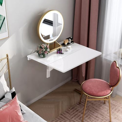 Wall Mounted Folding Table, 31.5’’ x 23.5’’ Wood Floating Desk for Laptop, Study & Dining in Balcony, Bedroom, Bathroom, Kitchen, Drop-Leaf Wall Desk Fold Down for Small Spaces (White)