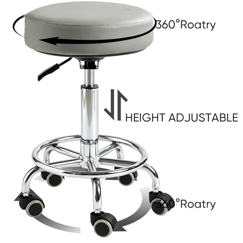 500lb heavy-duty Rolling Stool with Wheels,9.5cm thick Comfort cushion - color: Grey