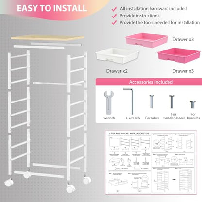 Goovilla Rolling Cart with 8 Drawers for Art, Dorm, Office, Craft, Pink | Utility Cart Organizer With 8 Removable Drawers and Wooden Tabletop, Lockable Rolling Storage Organizer for Classroom, Home - size: Pink