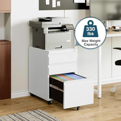 MIIIKO 3 Drawer File Cabinet on Wheels, Home Office Mobile File Drawers Under Desk, Full Assembled White Filing Cabinets with Lock for Legal/Letter/A4 File Folders - color: White, size: 3Drawer-24.5"H