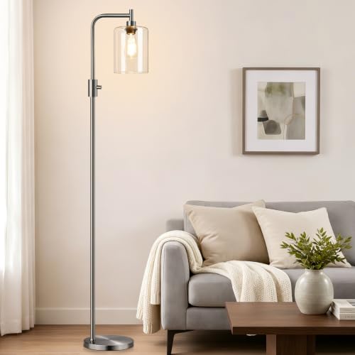 【Upgraded】 Dimmable Floor Lamp for Living Room with Glass Lampshade, Brushed Nickel Modern Glass Floor Lamp with 900LM LED Bulb Included, Standing Tall Lamp for Bedroom, Office, Reading Room, Corner - color: Clear Glass-Brushed Nickel