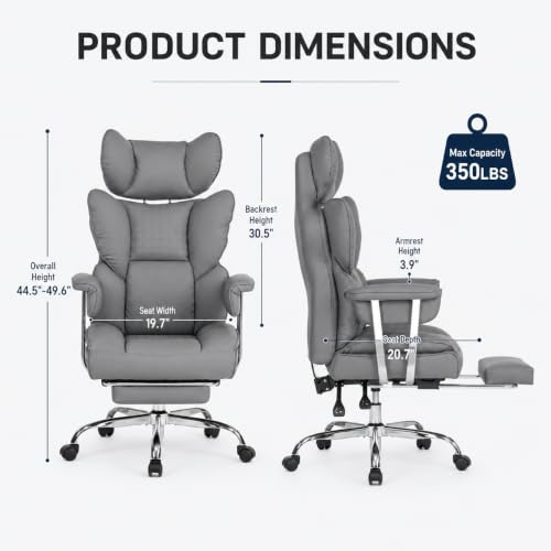 Big and Tall Office Chair, Ergonomic Executive Desk Chair with Footrest and Lumbar Support, Heavy Duty PU Leather Reclining Computer Chair with Extra Wide Seat for Home Office, Grey - color: Grey