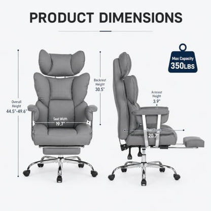 Big and Tall Office Chair, Ergonomic Executive Desk Chair with Footrest and Lumbar Support, Heavy Duty PU Leather Reclining Computer Chair with Extra Wide Seat for Home Office, Grey - color: Grey