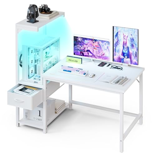 Grandder Gaming Desk 41 Inch with CPU Stand and LED Light, Computer Desk with Reversible Shelves and Storage Drawer, Pc Small Desk for Home Office Table with Bag, White - color: White, size: 41 Inch