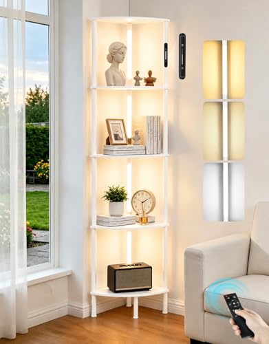 5-Tier Corner Bookshelf with LED Lights, Touch & Remote Control, 3 Color Temperatures, Dimmable Narrow Display Shelf with 1-Hour Timer for Living Room, Bedroom, Office(White) - color: White