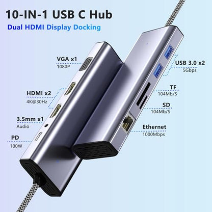 Docking Station Dual Monitor, USB C to Dual HDMI Adapter, 10 in 1 Laptop Docking Station 3 Monitors with HDMI/VGA/PD/Ethernet/USB/SD/TF/3.5mm Audio