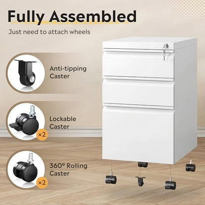 DEVAISE 3 Drawer Mobile File Cabinet, Fully Assembled Except Casters | Under Desk Metal Filing Cabinet with Lock for Home Office, Fits Letter/Legal/A4 Sizes, White - color: White, size: 17"D x 15"W x 24"H