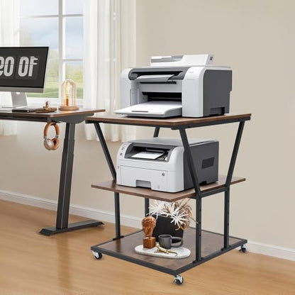 3-Tier Printer Stand for Home/Office, Mobile Rolling Cart with Storage Shelf & Wheels, Industrial Style Printer Table for Heat Press, Scanner, Fax Machine (Black)