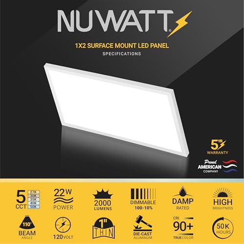 1x2 FT LED Flat Panel, 5CCT 2700K/3000K/3500K/4000K/5000K Selectable, 2000LM, 22W, Internal Driver, Dimmable, 120V, CRI90, 1 x 2 Surface Mount Panel, 12x24 Flush Mount LED Light, 1" Inch Thin