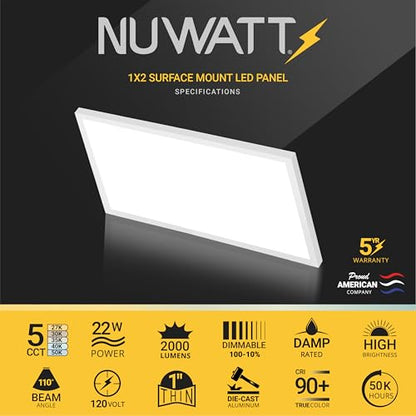1x2 FT LED Flat Panel, 5CCT 2700K/3000K/3500K/4000K/5000K Selectable, 2000LM, 22W, Internal Driver, Dimmable, 120V, CRI90, 1 x 2 Surface Mount Panel, 12x24 Flush Mount LED Light, 1" Inch Thin