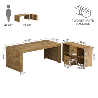 Tribesigns 63" Executive Desk with File Cabinet | L-Shaped Office Desk with Drawers and Storage Shelves, Business Combo Furniture, Computer Desk Set for Home Office, Brown