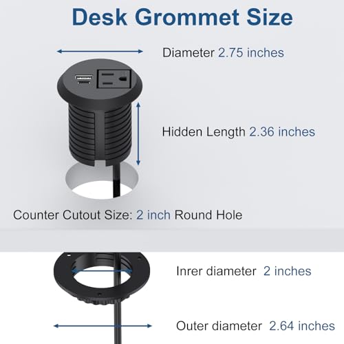 Desk Power Grommet, Haylink Recessed Power Outlet with AC Plug & Fast Charging USB A+C | 6.56FT Cable | 2" Pre-Cut Hole| for Modern Desk, Kitchen Island & Workshop, Black