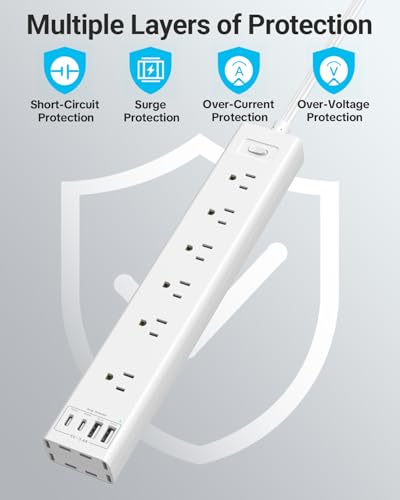 360° Mountable Surge Protector Power Strip with 4 USB Ports (2 USB C), 6 FT Electrical Outlet & Flat Plug Extension Cord for Under Desk, Wall, or Corner Mount (White) - style: Desk Socket - White