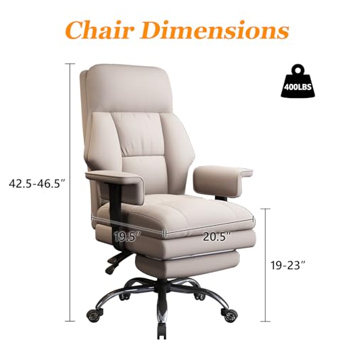 Office Chair with Leg Rest, Leather High Back Executive Office Chair with Wheels, Ergonomic Desk Chairs with Lumbar Support for Home Office, Beige - color: Light Beige