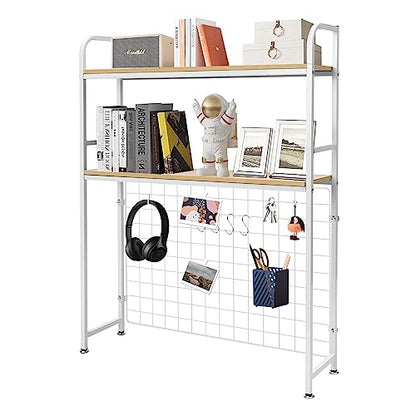 Desktop Bookcase Bookshelf Desk Hutch, 2-Tier Multipurpose Countertop Display Shelf, Adjustable Computer Desktop Rack Organizer for Home Office Dorm Use (White)