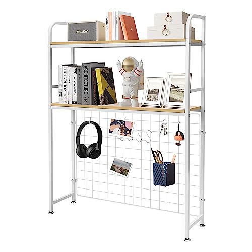 Desktop Bookcase Bookshelf Desk Hutch, 2-Tier Multipurpose Countertop Display Shelf, Adjustable Computer Desktop Rack Organizer for Home Office Dorm Use (White)