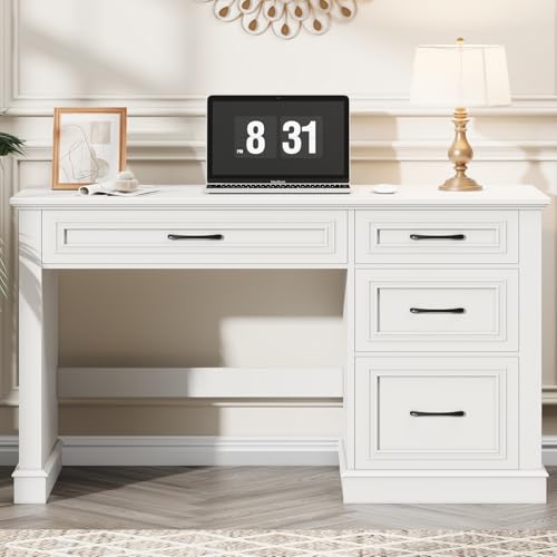 Vabches Farmhouse 47" Workstation Computer Desk with Drawers, Pure White | Executive Desk with File Drawer and Charging Station for Home Office,Study. - color: Pure White