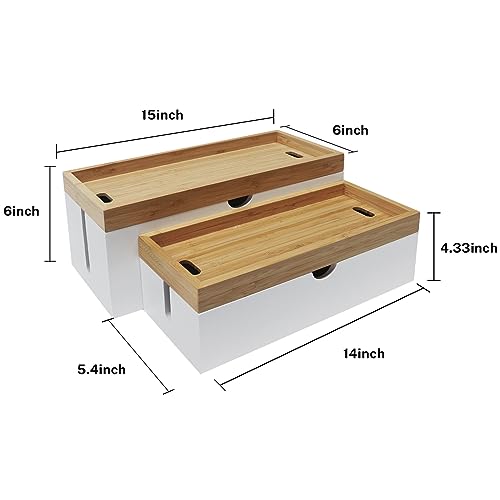 Bamboo Cable Management Box, Large Cord Organizer Box Cable Box to Hide Wires & Power Strips for Desktop Storage Cord Holder for Office Home,No Assembley Required - color: 1White, size: 2 Packs (Medium + Large)