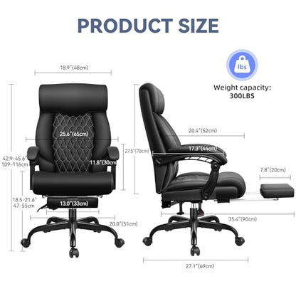 Office Chair, Big and Tall Office Desk Chair, Reclining Office Chair with Footrest Home Office Desk Chairs, High Back Ergonomic with Lumbar Support, Executive Leather - color: Black, style: With Footrest