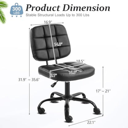 VINGLI Compact Small Desk Chair, Cute Armless Chair with Wheels, Vanity Chair with Low Back, Height Adjustable Task Chair for Small Spaces, Office, Bedroom, Make Up Room, PU Leather, Black - color: Black
