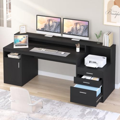65" Black Computer Desk with 3 Drawers & Printer Shelf for Home Office | Computer Desk with Printer Shelf & File Drawer, Executive Desk Writing Study Table with Monitor Stand, Black - color: Black