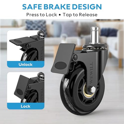WEWILL Office Chair Wheels - Rubber Casters Replacement Universal Fit 98% Chair(Set of 5) Heavy Duty 3 Inch Smoothly & Quietly Safe for All Floor, Hardwood, Tile, Carpet, Noise Free - Glossy Black - color: Glossy Black